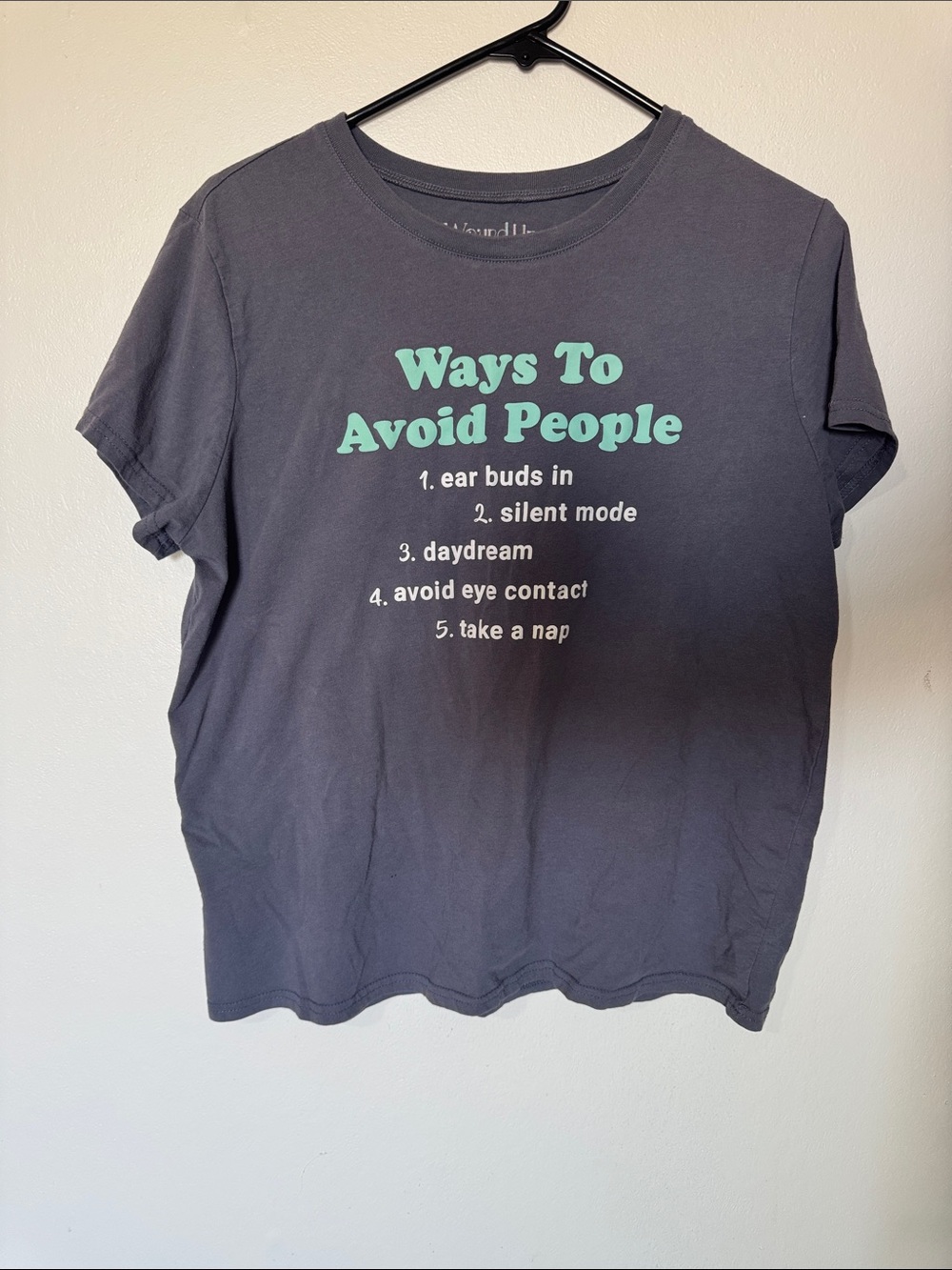 Wound Up "Ways To Avoid People" Graphic Tee in Dark Gray with Mint Text